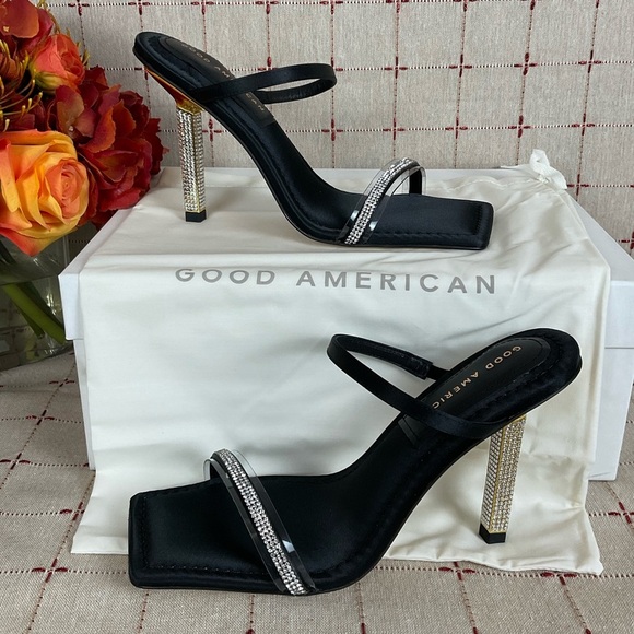 Good American Satin Strappy Heels Square Toe Sz 6.5 Black & Gold + Rhinestones - Picture 1 of 6